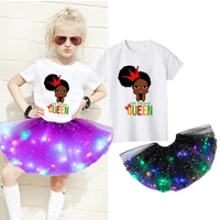 kids girls dress sets party casual dress black african curly hair girl short sleeve printed cartoon t shirtskirthairpin suit