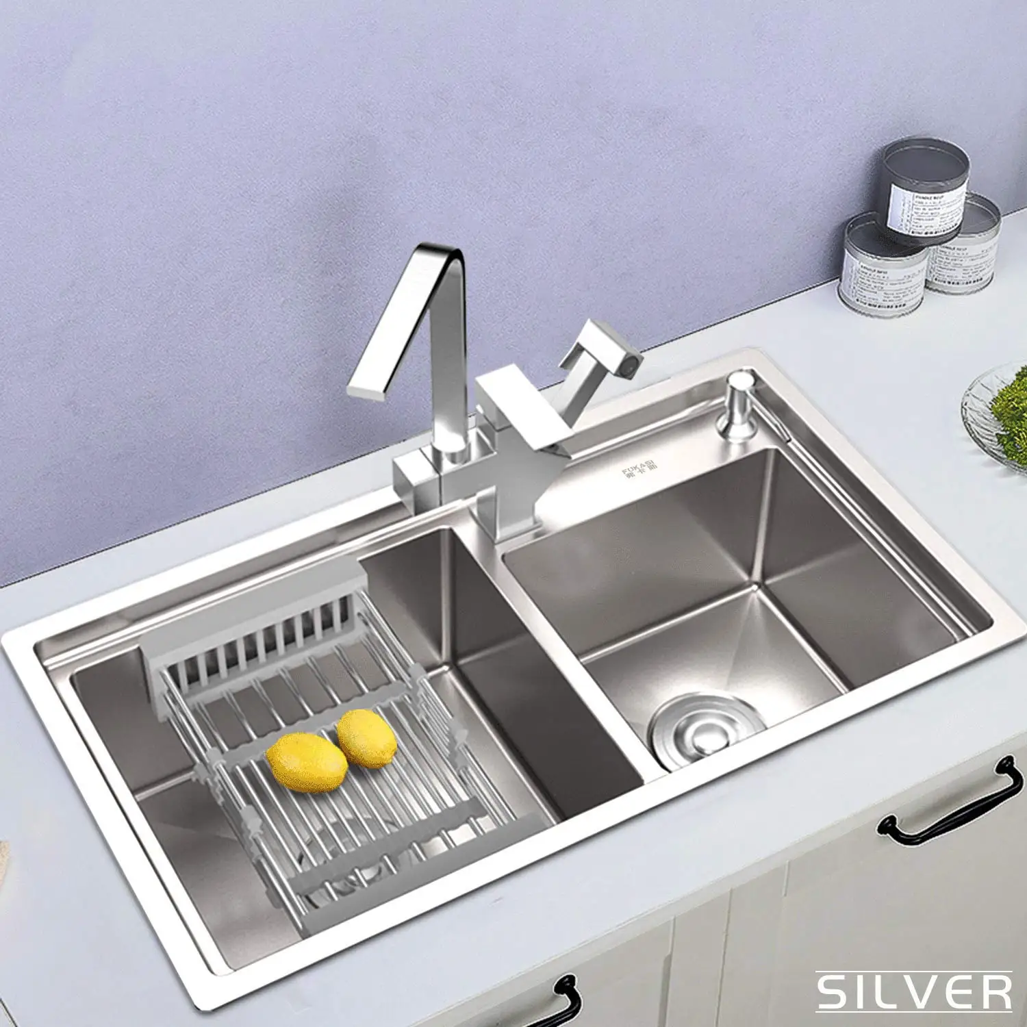 

Kitchen 201 stainless steel silver nano handmade sink thickened double-slot step kitchen sink under counter basin AE02AC-0016