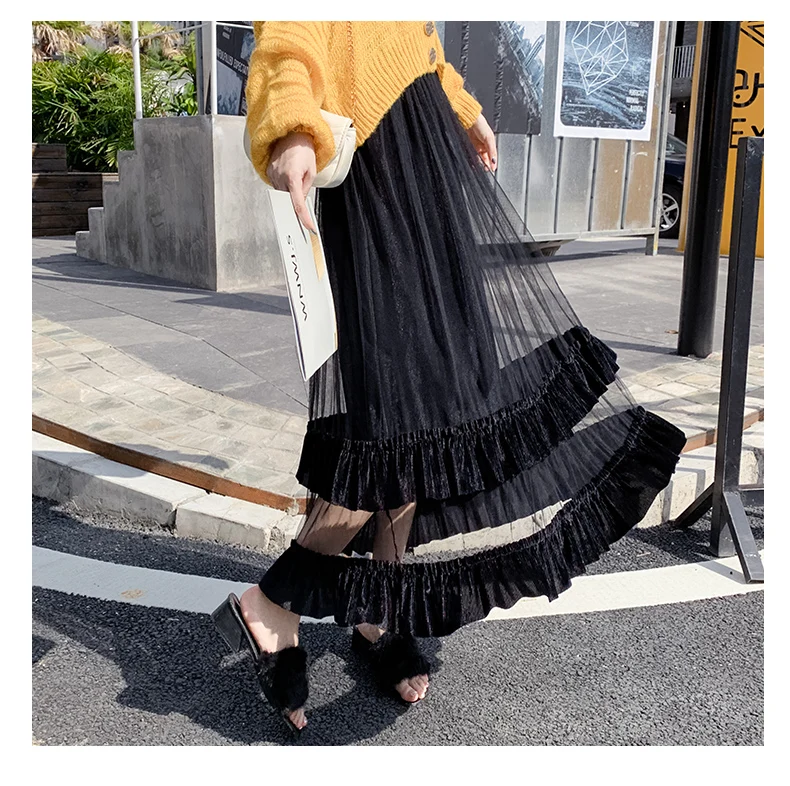 

Fdfklak Net yarn skirt women autumn winter new velvet stitching pleated skirt thin high waist mid-length fairy skirts female