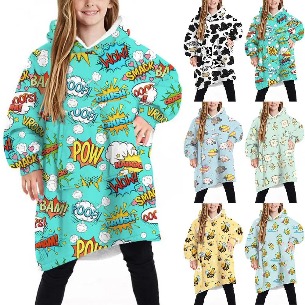 

Cartoon Printed Hooded Pullover Boys Girls Pocket Long Sweatshirts