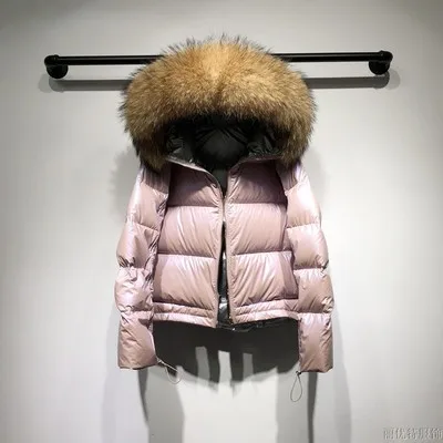 Pink Yellow fur Пальто с натуральным лисьим меховым воротником зимняя куртка женская Свободная короткая пуховая куртка белая пуховая куртка Толстая теплая пуховая парка - Цвет: Pink Yellow fur