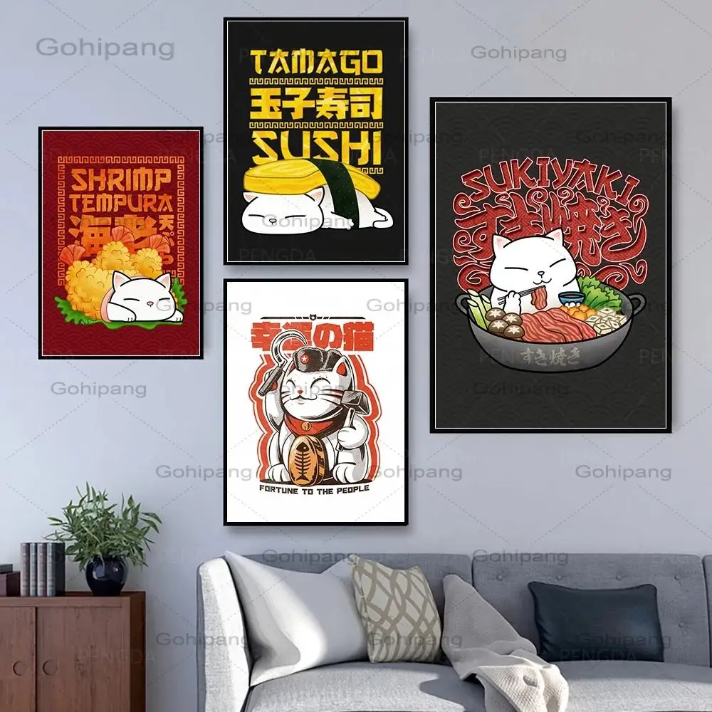 

Home Decor Japanese Cuisine Canvas Paintings Cute Cat Pictures Food Wall Art Animal Hd Printed Modular Poster for Living Room