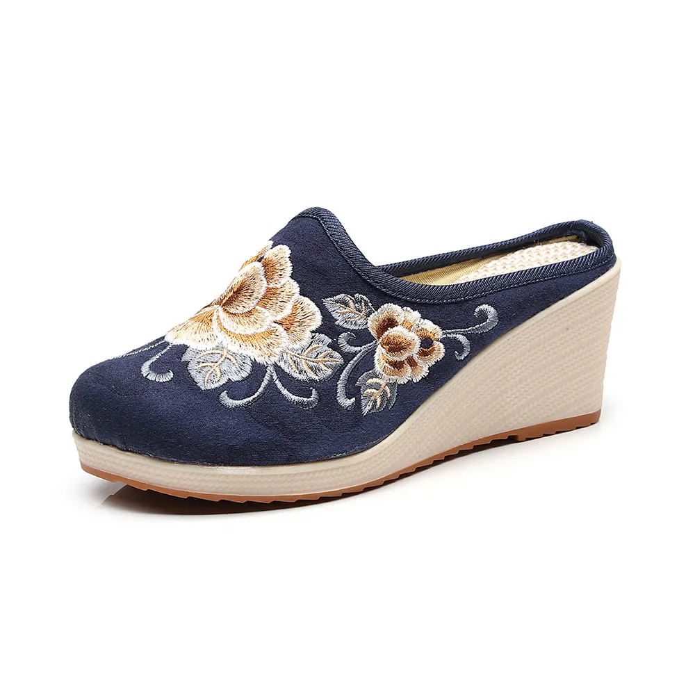 

Vintage Old Beijing Embroidery Ladies Canvas Mules Shoes High Heel Wedge Women's Comfort Linen Cotton Platforms Slipper