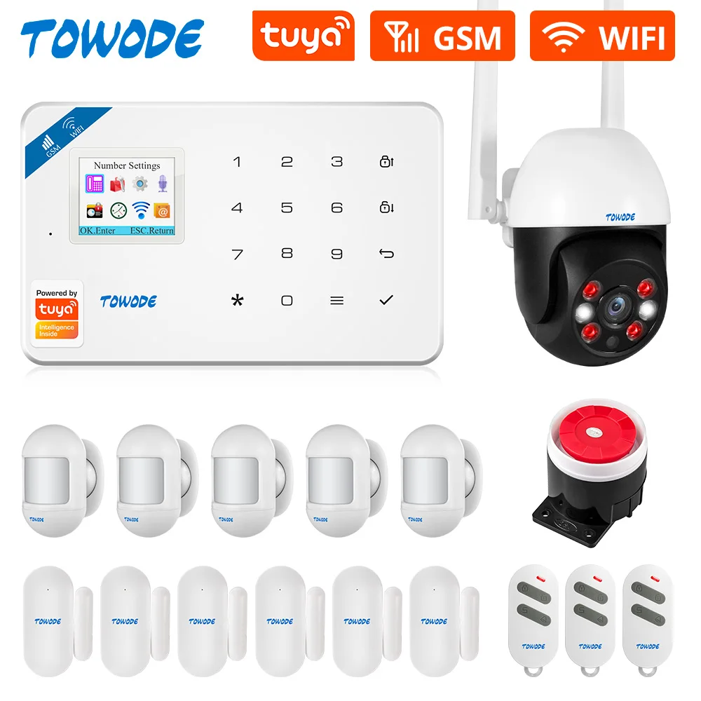 

TOWODE Tuya Smart Alarm System WIFI Burglar Home GSM with Color LCD Display Motion Detector Door Window Sensor IP Camera Kit
