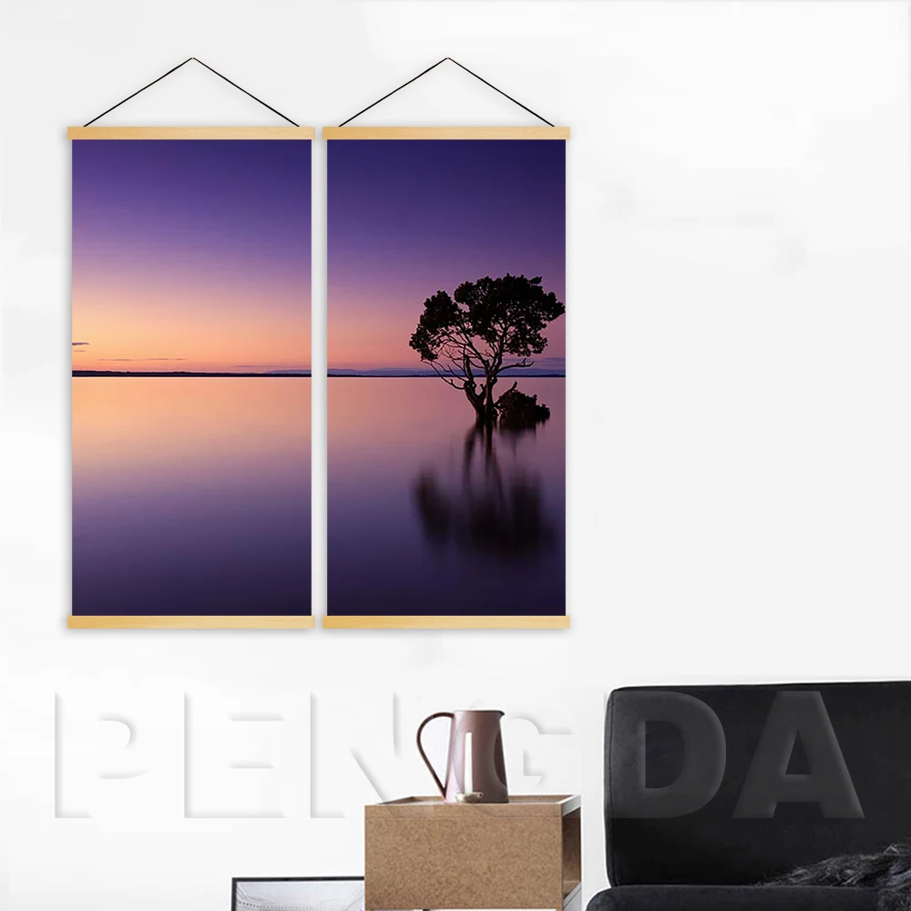 

Домашний декор, современные принты, Настенная картина, дерево, небо, пейзаж, картины, деревянный свиток, подвесная картина, скандинавский хо...