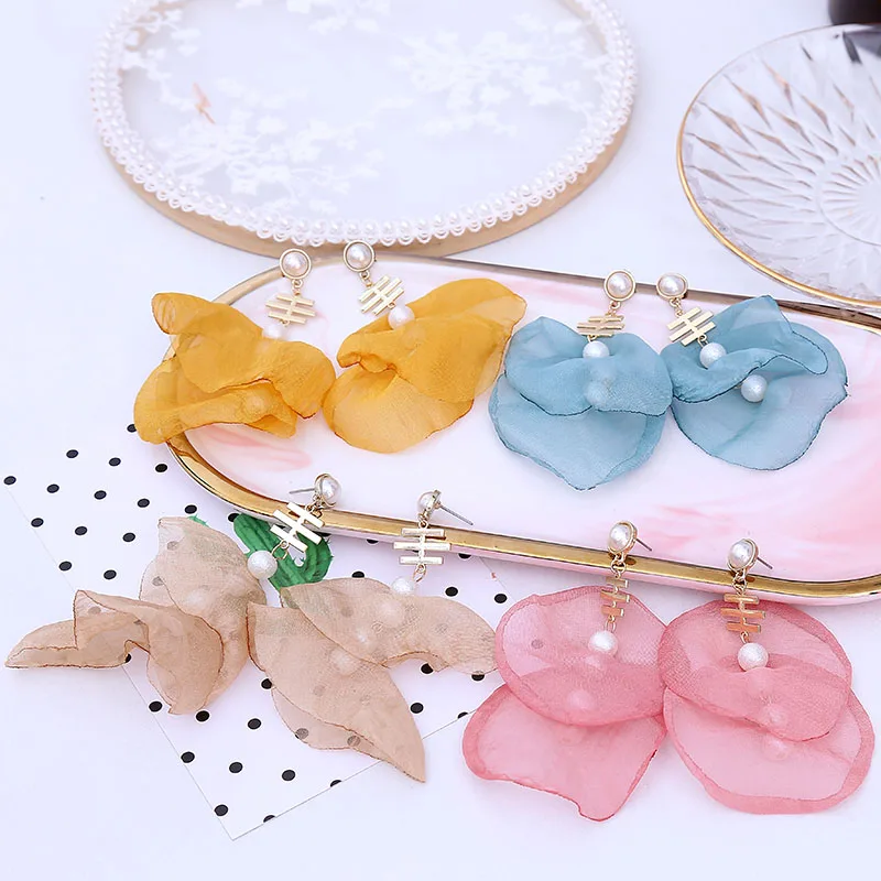 Богемные Многослойные висячие серьги из розовой сетчатой пряжи с цветами для