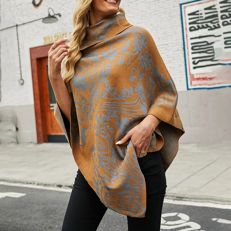 

Fashion Women's Cloak Shawl Sweater New Autumn Casual Hot Sale High Neck Pullover Printing Loose Knit Sweater Women