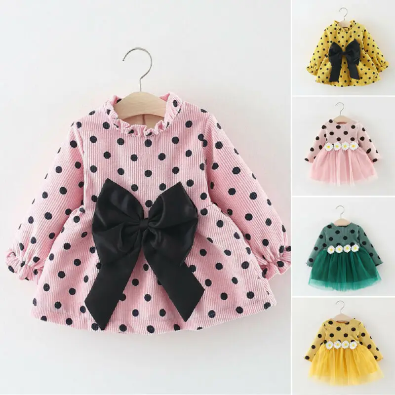 Платья принцессы для маленьких девочек милое платье в горошек с длинными