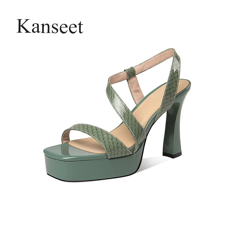 

Kanseet High Heels Shoes 2021 Women's Sandals Summer Genuine Leather Sexy Party Office Mature Women Shoes Blue Platform Footwear
