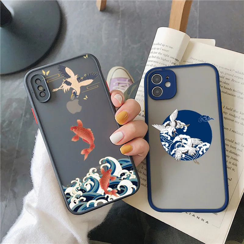 Crane and Koi Chinese style Phone Cases For iPhone 11 12 14 13 Pro Max For iPhone 8 7 Plus SE2 XR XS Max X Shockproof Back Cover
