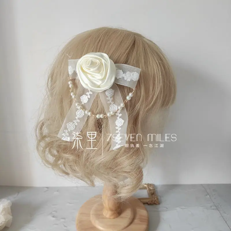 

French Elegant Vintage Gentle Hair Clip Headdress Girls Bowknot Pearl Chain Side Edge Clip Lolita Necklace Hair Accessories