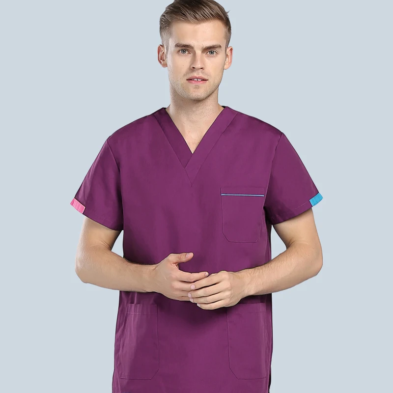 purple top Мужская Спецодежда, цветной дизайн, v-образный вырез, короткий рукав, топ из чистого хлопка, медицинская униформа, летняя рабочая одежда для доктора(только топ - Цвет: purple top