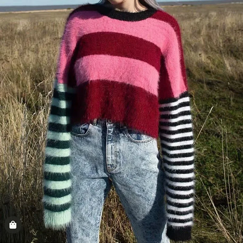 

Vintage Stylish Color Stripes Patchwork Knitted Pullover Sweater Women 2020 O Neck Long Sleeve Loose Casual Cute Tops