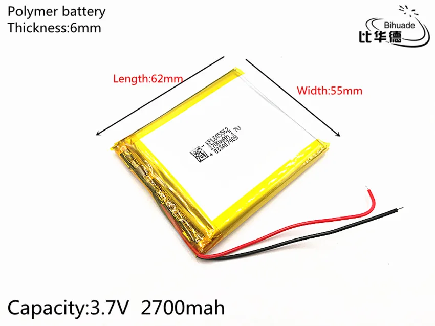 5 шт./лот 3 7 V 2700mAh 605562 литий-полимерный литий-ионный аккумулятор для Mp3 MP4 MP5 GPS |