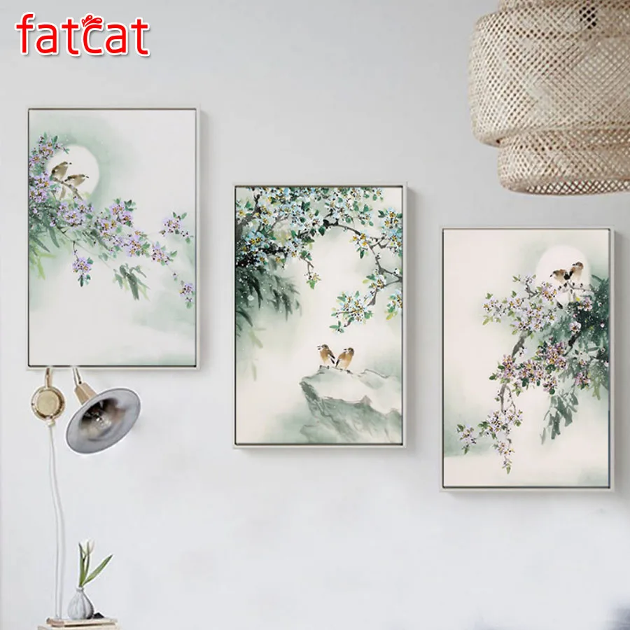 

FATCAT абстрактные Акварельные Цветы и птицы, 5D алмазная картина, полностью квадратная круглая дрель, сделай сам, вышивка, Триптих, домашний де...