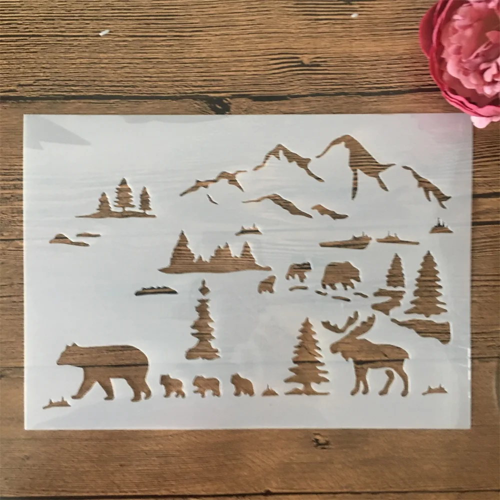 

A4 29cm Mountain Bear Deer DIY Layering Stencils Painting Scrapbook Coloring Embossing Album Decorative Template