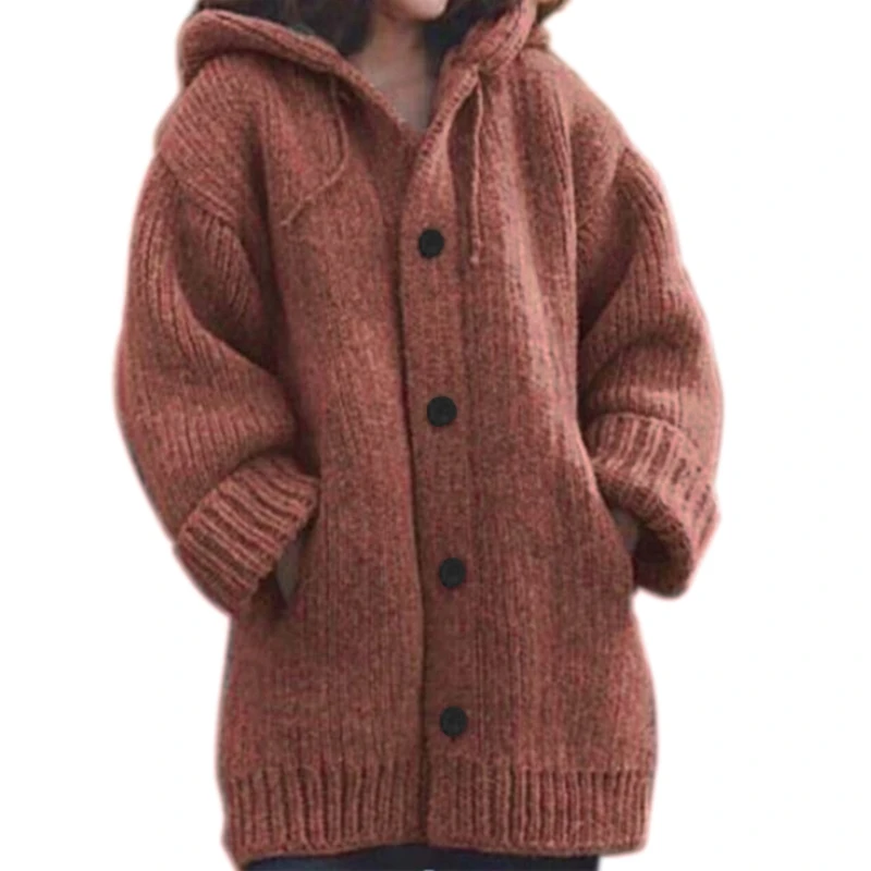 

Women Long Sleeve Hoodie Cardigan Chunky Knit Solid Color Button Sweater Coat X3UE