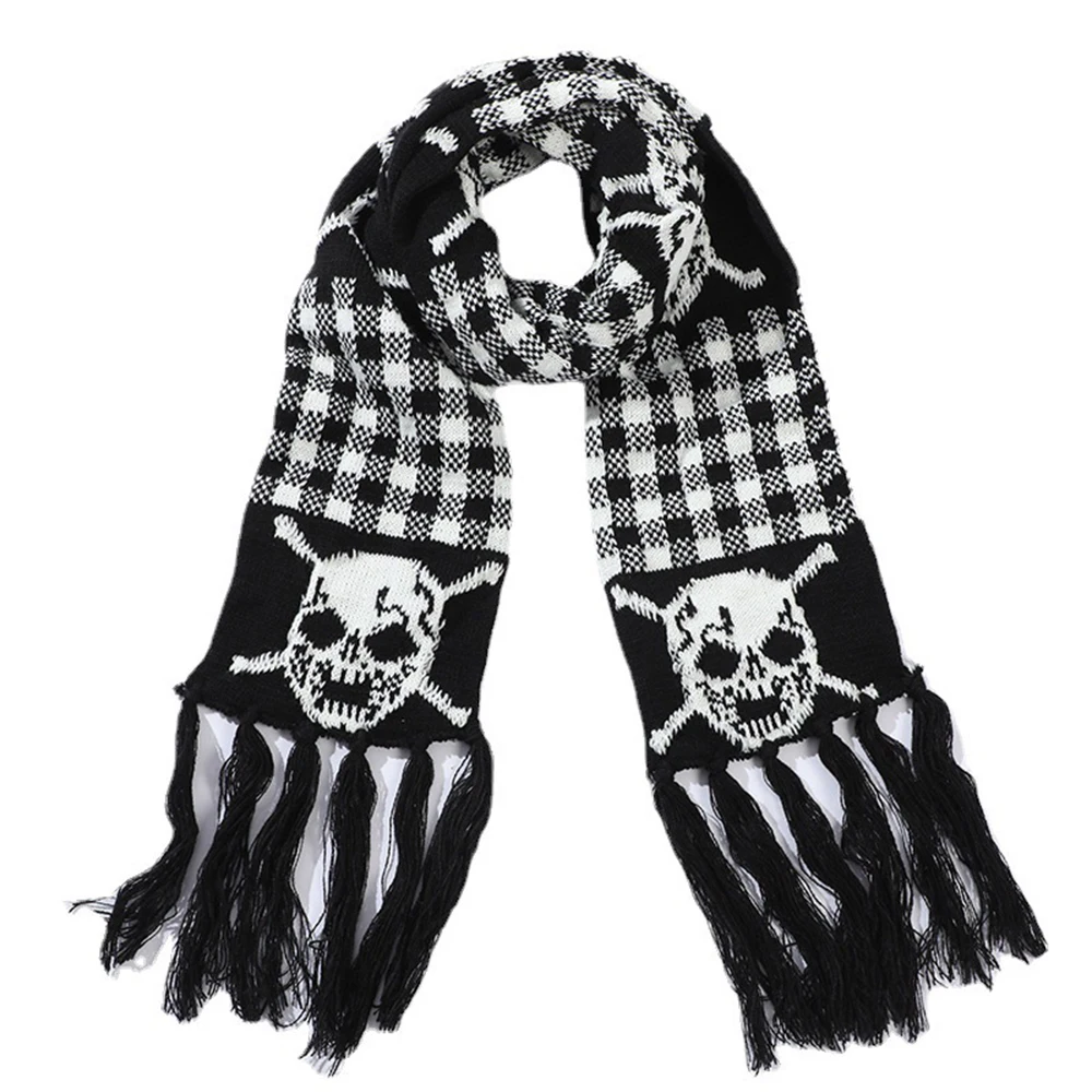 

1PC Women Men Winter Knitted Scarf Unisex Dragon Skull Scarves Pashmina Shawl Black Luxury Female Skeleton Wrap With Fringes