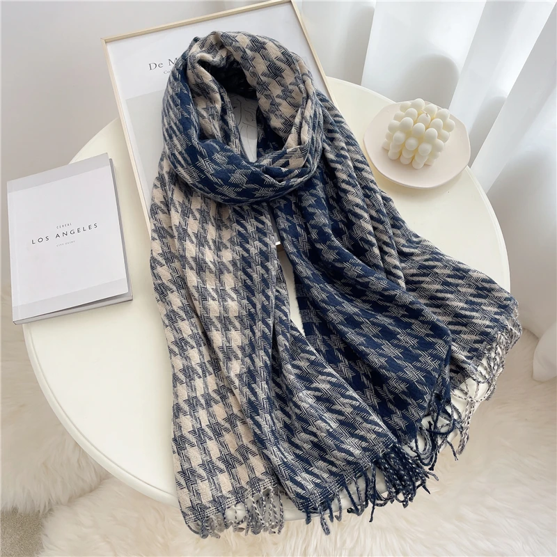 

2022 Winter Knitted Scarf Women Warm Pashmina Cashmere Shawls and Wraps Luxury Tassel Plaid Bufanda Female Fashion Stoles