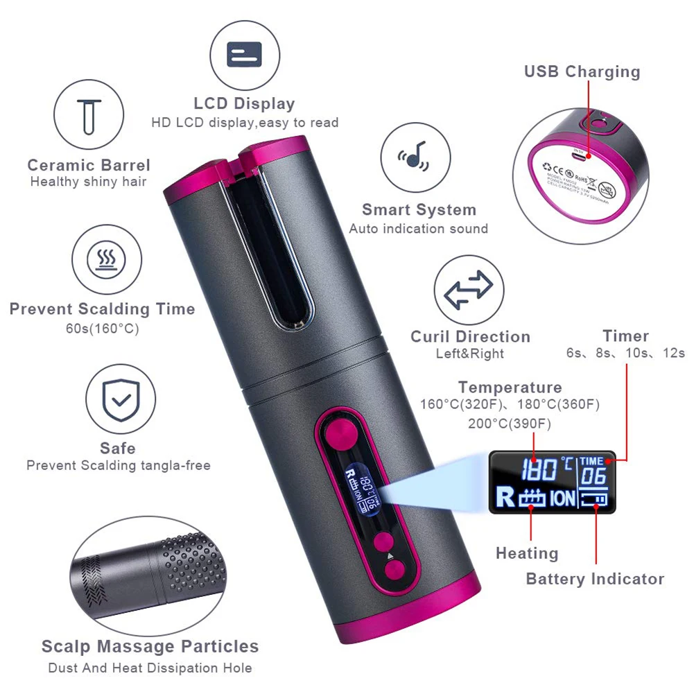 

Auto Ceramic Wireless Hair Curler Curling Iron Hair Waver Tongs Curling Wand Air Curler USB Cordless Automatic Hair Curler