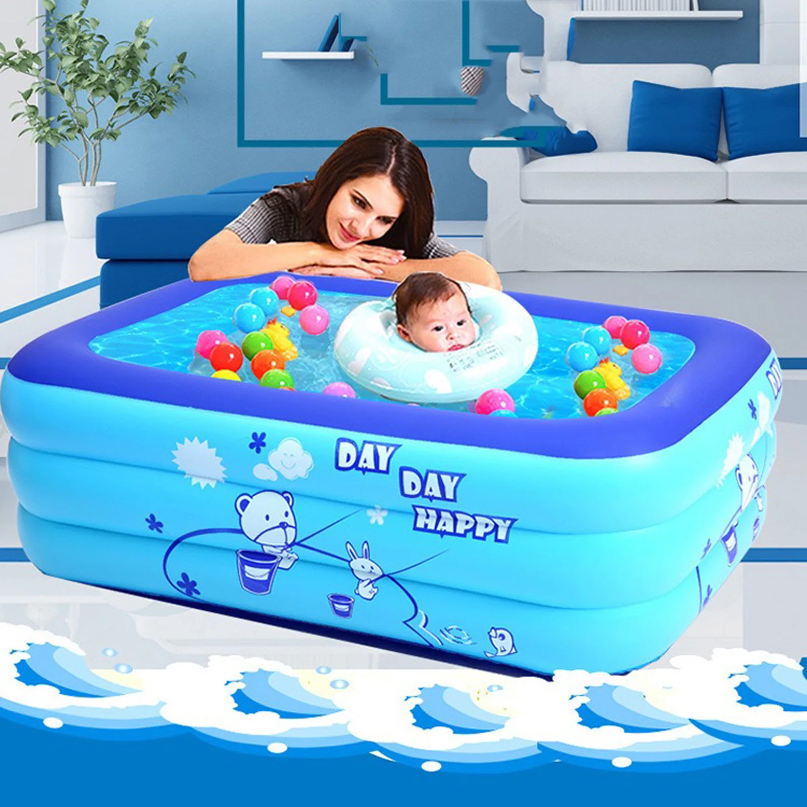 

Children Inflatable Swimming Pool, Blue Rectangle Cartoon Printed Pattern Pool for Backyard/ Outdoors