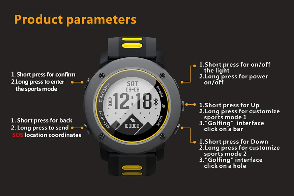 Uwear Professional IP68 Sport Watch UW90C Stainless Steel Smart Watch Bluetooth 4.2 GPS Heart Rate Running Hiking Swimming