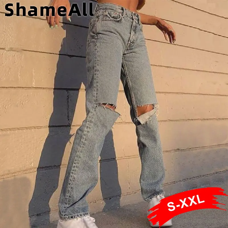 

Женские джинсы с высокой талией, свободные, винтажные, рваные светильник-голубые