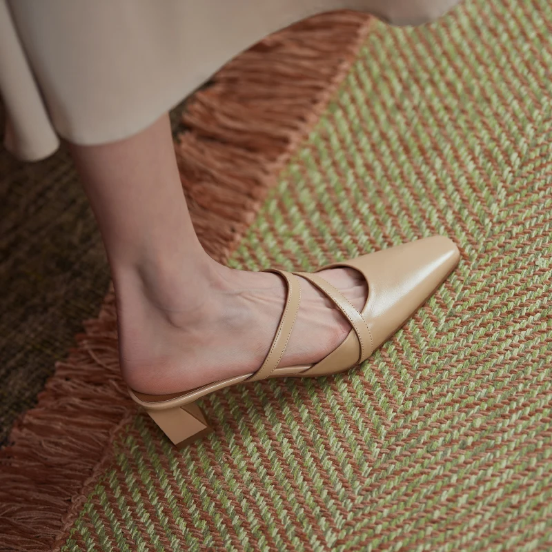 

Summer Ladies slippers natural Leather shoes 22-24.5cm Cowhide upper small square toe Outdoor woman slippers fashion all match