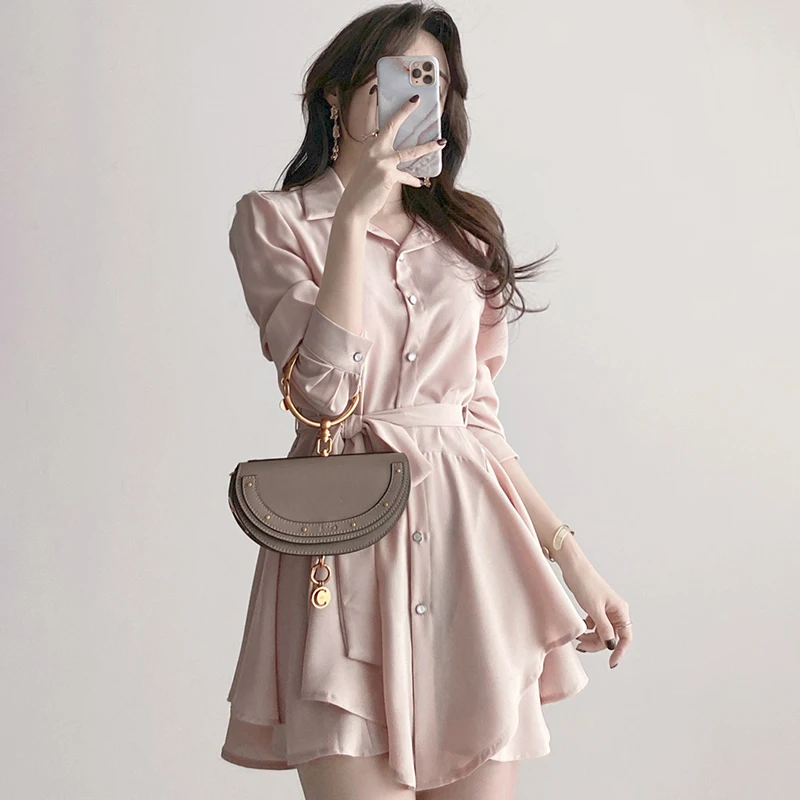 

2021 Spring Summer Women Shirt Mini Dress Elegant Single Breasted Long Sleeve Dress Loose Slim Solid Color Office Lady Dresses