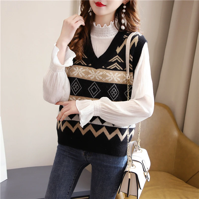 

Shirt Knitted sleeveless spring and autumn v-neck vest outside 2021 loose wear vest outside the tank top Women's knitted shirt
