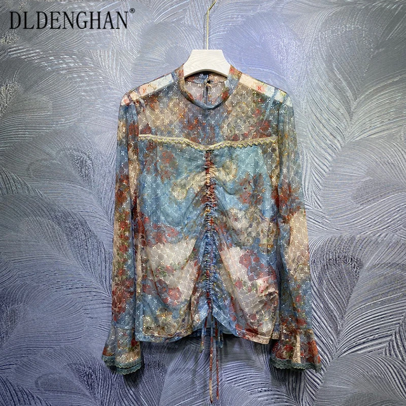 

Модные летние блузки DLDENGHAN с цветочным принтом, сетчатая рубашка с воротником-стойкой и расклешенными рукавами 2021, дизайнерская новинка