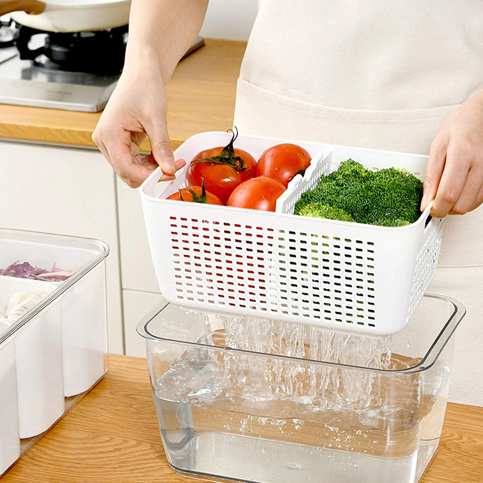 

Food Storage Containers Fridge Produce Saver Refrigerator Organizer Keeper Drawers Bins Baskets with Lids Removable Drain Basket