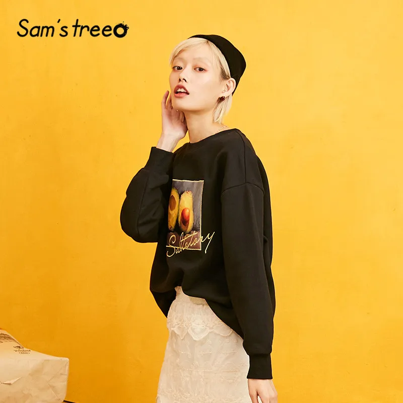 Samstree, Черный Принт авокадо, Корейская винтажная Женская толстовка, осень, для отдыха, большие размеры, толстовки, уличная одежда, женские топы