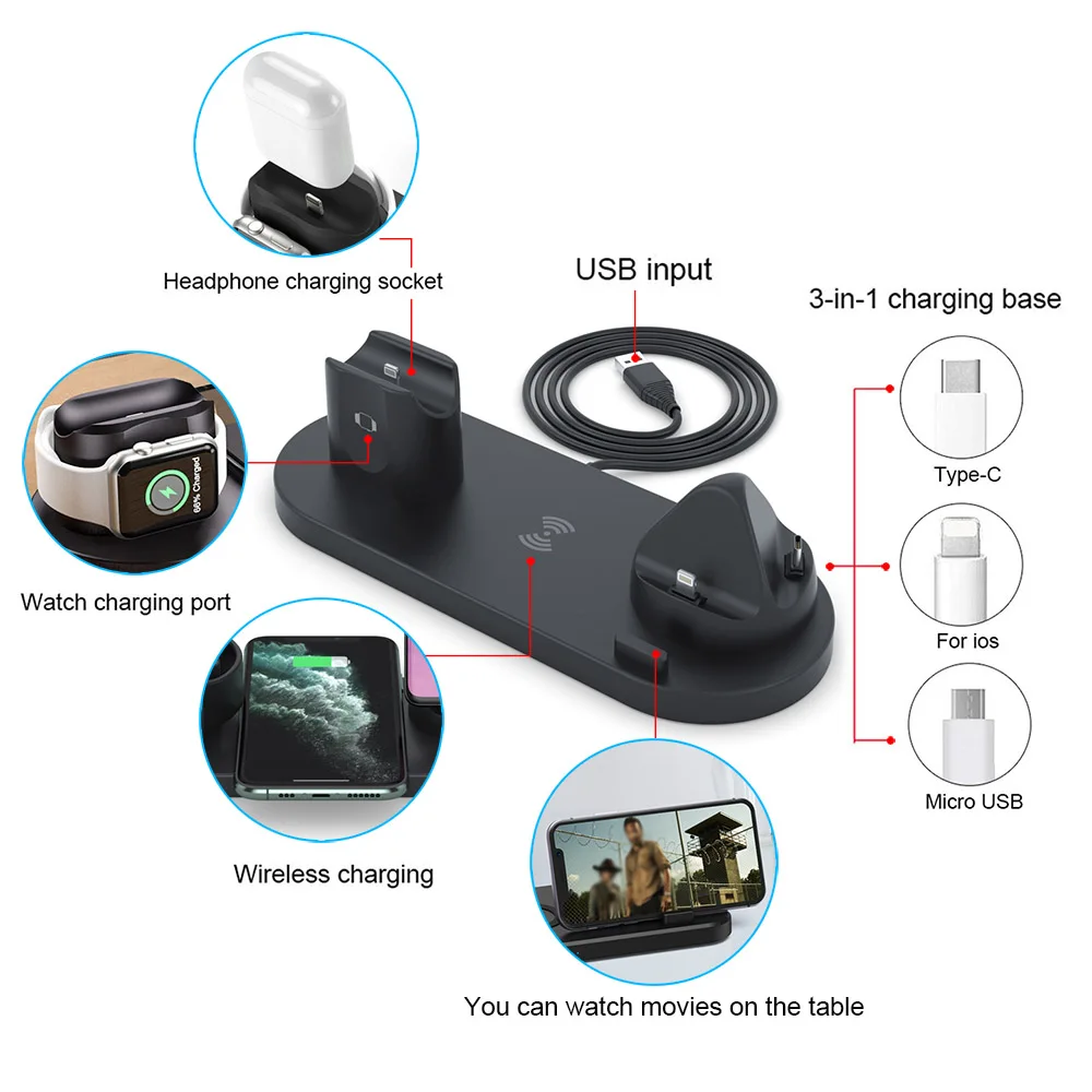 

6 in 1 Qi Wireless Charger Dock Station for iPhone 12 11 XS XR X 8 Airpods Pro 15W Fast Charging Stand for Apple Watch 6 5 4 3 2