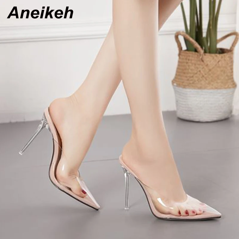 Aneikeh новинка 2021 года ПВХ сандалии-желе с кристаллами заостренный носок высокий