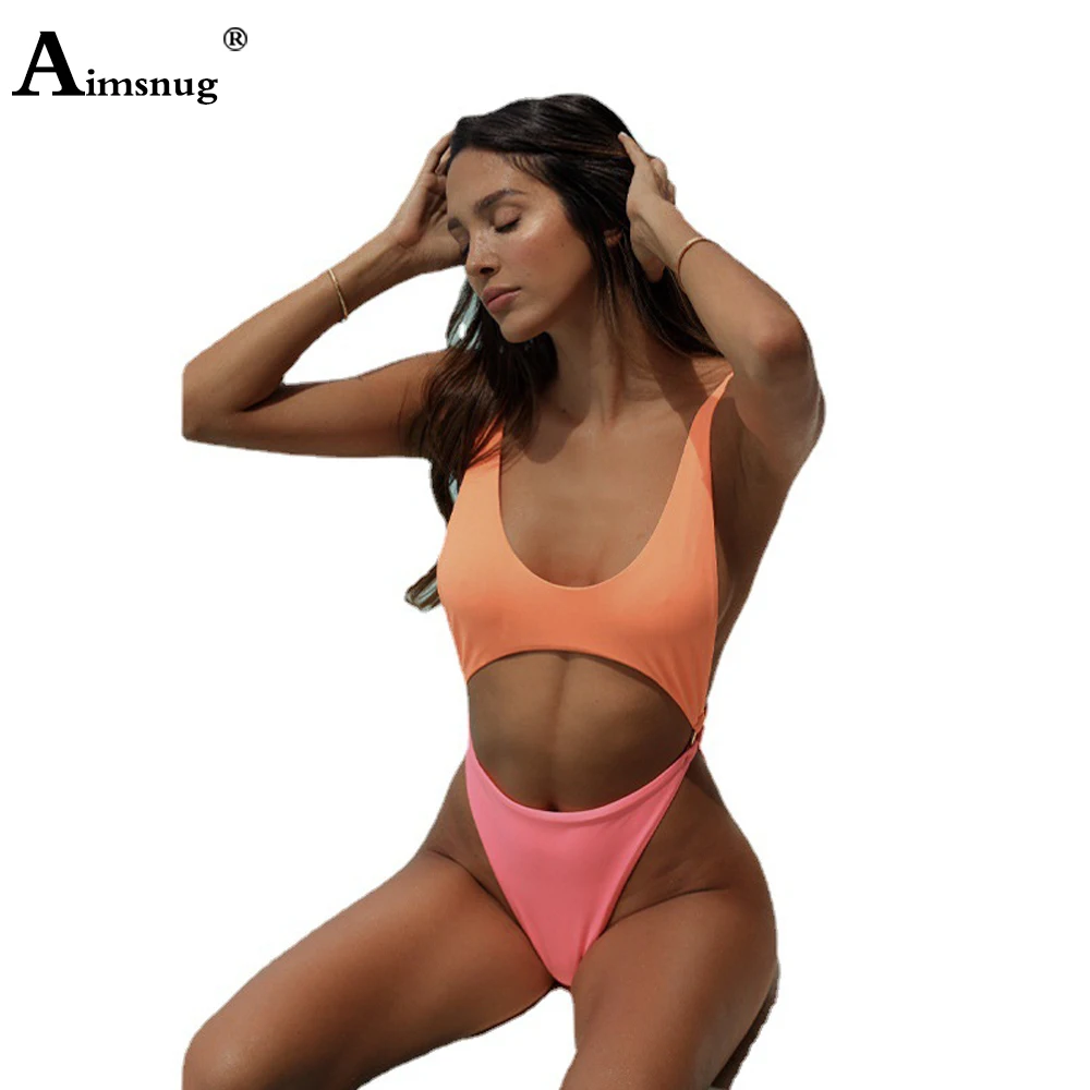 

Women Spliced Fashion One-Piece Swimsuit High Cut Bathing Suit Ladies Monokini Onesie Beachwear Sexy Hollow Out Swimwear Outfits