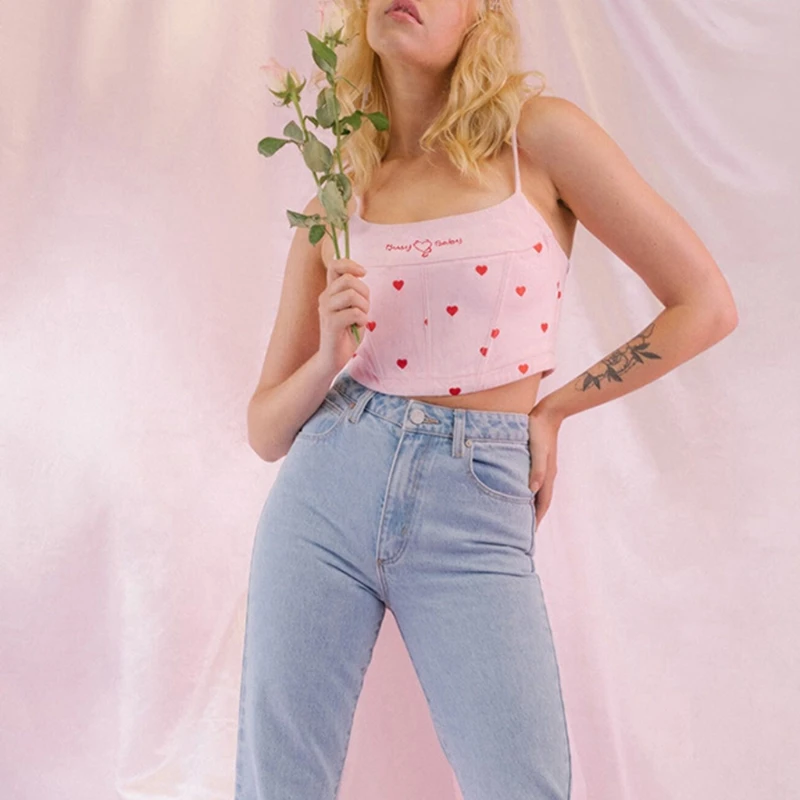 

Women Sexy Spaghetti Strap Mini Pink Crop Top Letters Embroidery Red Heart Printed Slim Camisole Casual Sling Vest