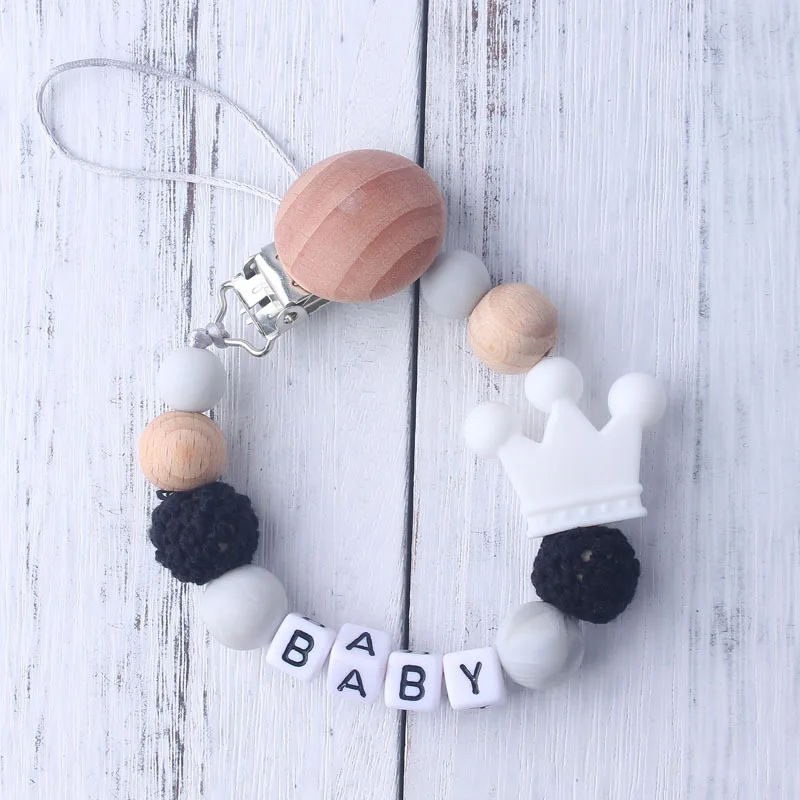 

Customizable Silicone Personalised Name Baby Pacifier Clips Crochet Beads Silicone Crown Pacifier Chains Holder Baby Shower Gift