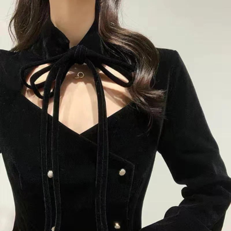 

Women Dresses Hollow Out Collar Solid Button Bow Velvet Gentle French Sexy Party Evening Dress Female Fashion Elegant