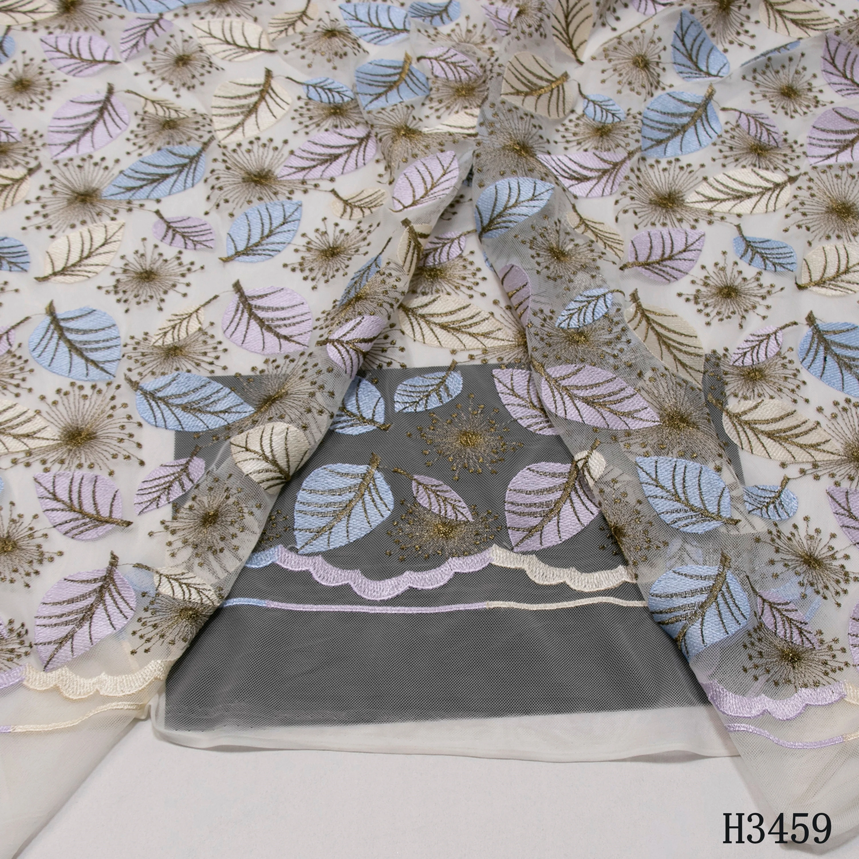 

HFX blue African Lace Fabric Embroidered Nigerian mesh for Wedding High Quality 2020 French Tulle Lace Fabric Leaf pattern H3459