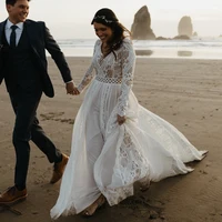 10038# Beach Boho Elopement Photoshoot Wedding Dress V Neck Lace Chiffon A Line Seaside 2021 New Long Sleeve Bridal Gown