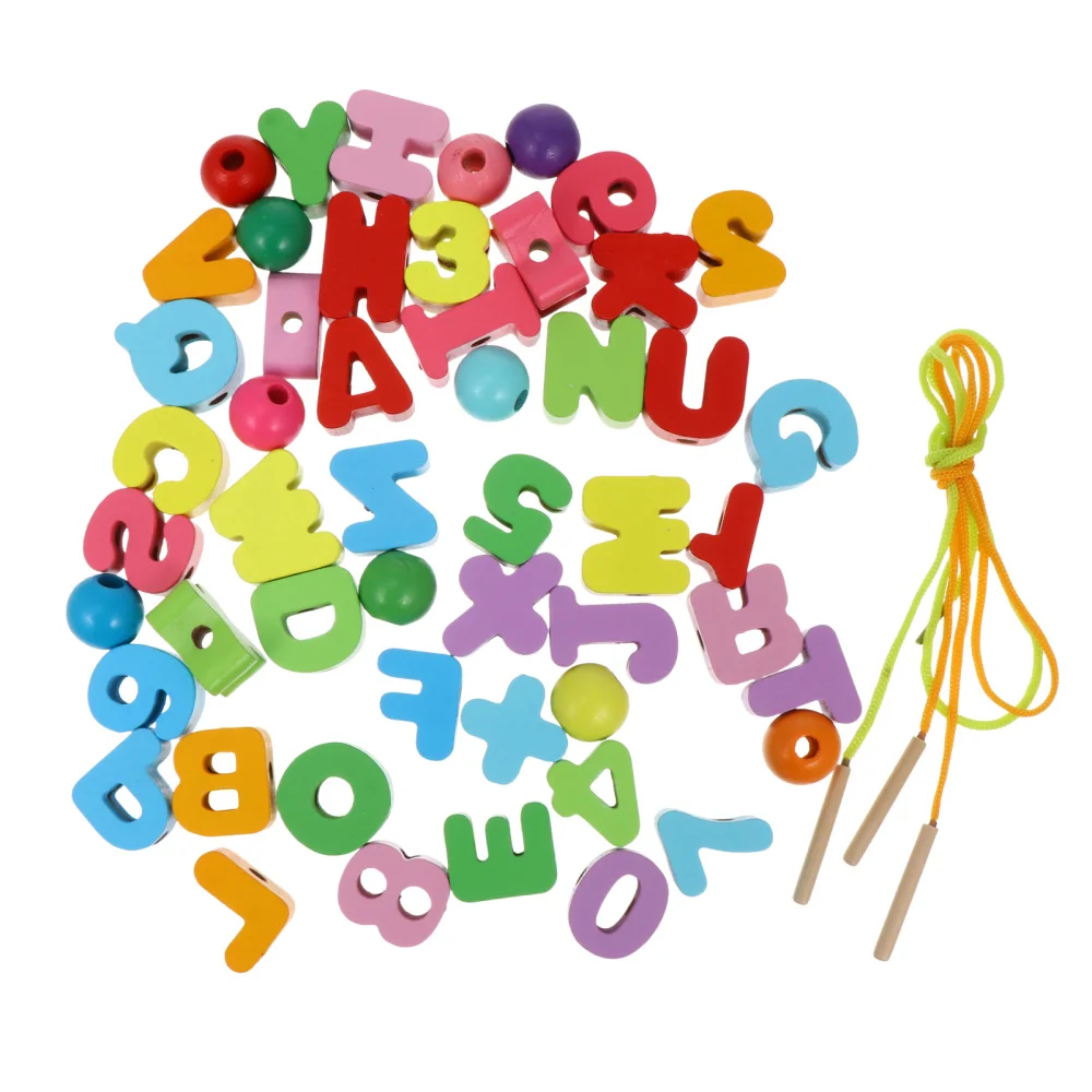 

51pcs Wooden Beads Stringing Beads Number Blocks Kids Toys Letter String Beads