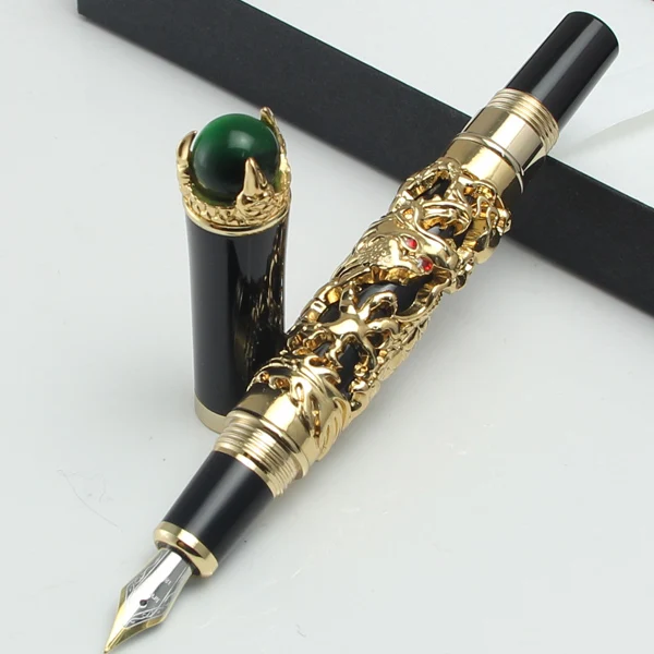 Jinhao играющий дракон с жемчугом элегантная высококлассная Золотая авторучка с бисер из зеленого нефрита на кепке, канцелярские товары для школы - Цвет: fountain pen