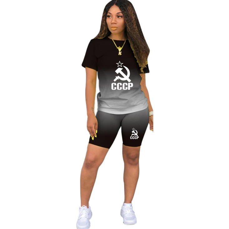

Two Pieces Sets Women's CCCP Soviet Tracksuits T-shirt+Jogger Shorts Suit Sporty jogging Fitness Outfit 2021 Summer Russian USSR