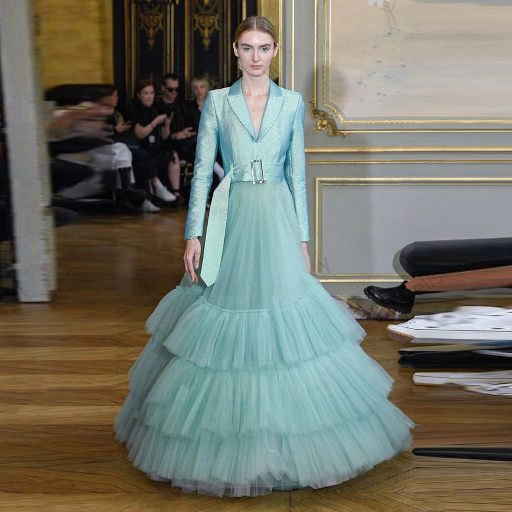 

Платье принцессы для выпускного вечера с длинным рукавом и V-образным вырезом, многослойное вечернее платье с оборками, вечернее платье до п...