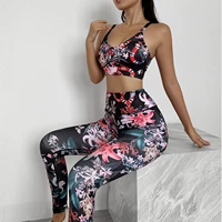 flower print gym set women workout clothes letter stripe yoga set fitness clothing women 2 piece workout sets