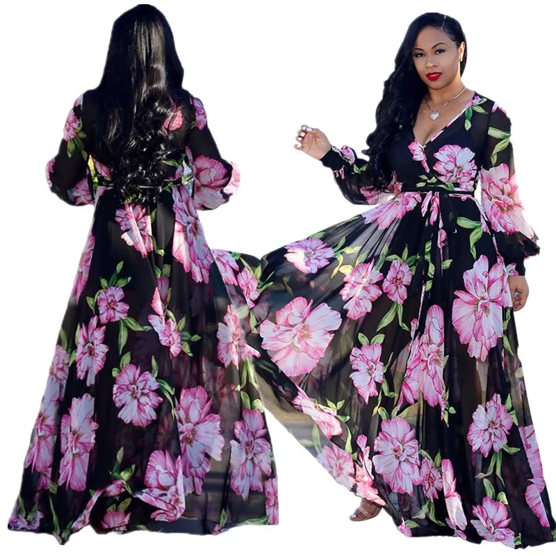 Летнее женское модное платье повседневное длинное шифоновое макси с принтом в