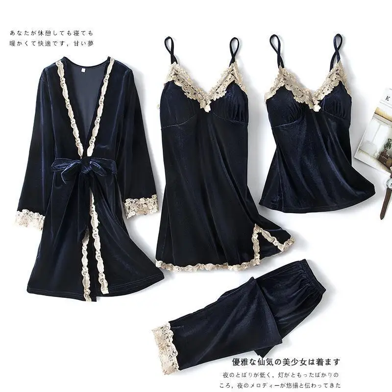

Женская бархатная Пижама, комплект из 4 предметов, для осени и зимы, мягкий халат, сексуальный кружевной пижамный комплект с V-образным вырез...