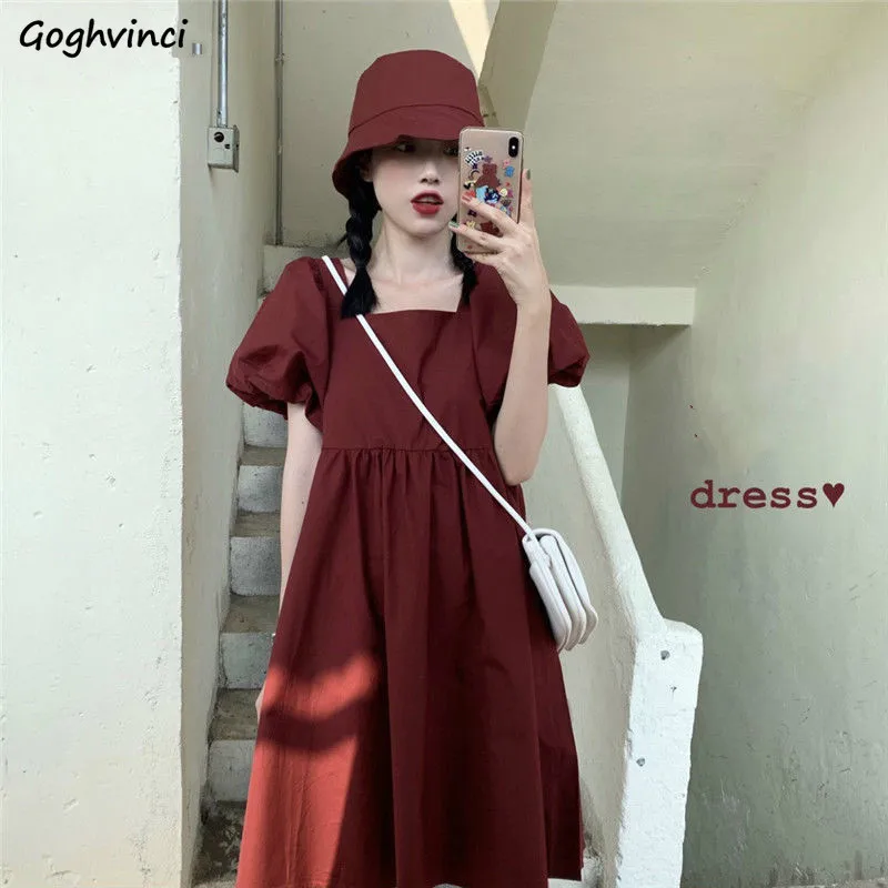 

Dress Women New Ulzzang Burgundy Vintage A-Line Chic Square Collar Girls Empire Dresses Popular Summer Leisure Ladies Vestidos