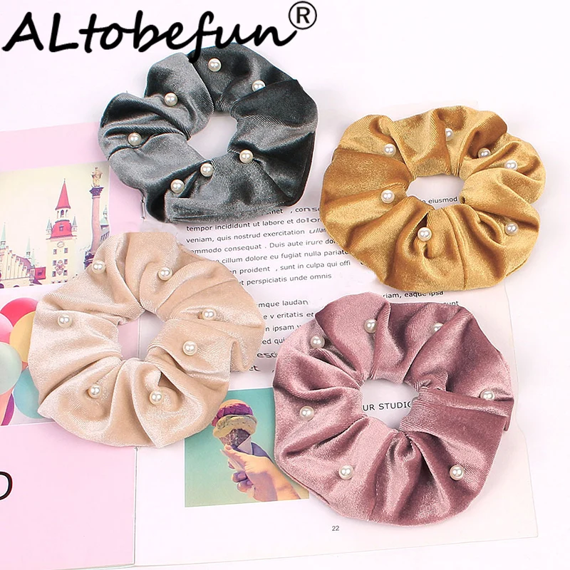 ALTOBEFUN однотонные велюровые аксессуары для волос с бусинами женщин и девушек